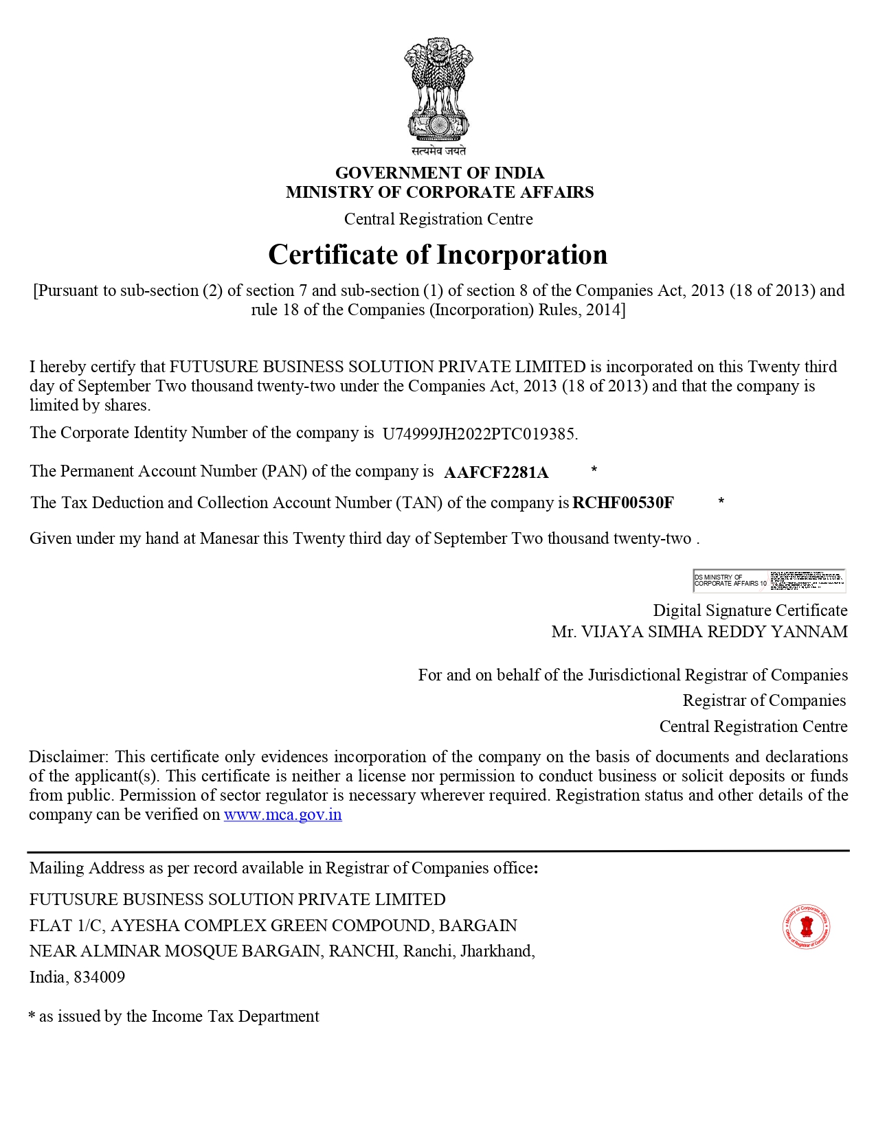 Certificate of Futusure Business Solution